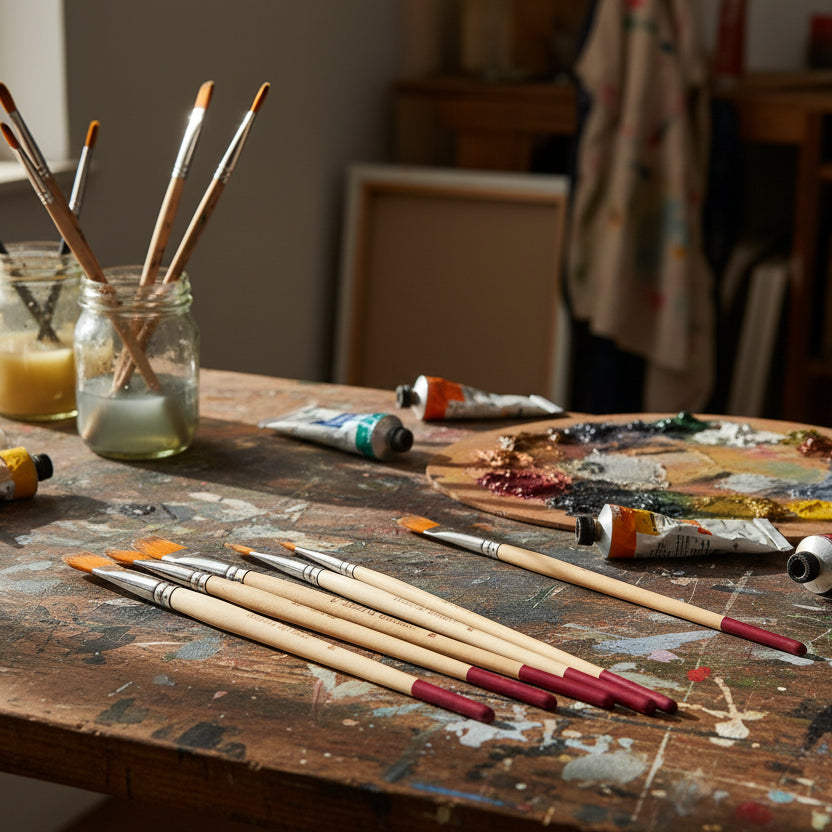 Set of paint brushes with wooden handles and red bristle ends on a white background