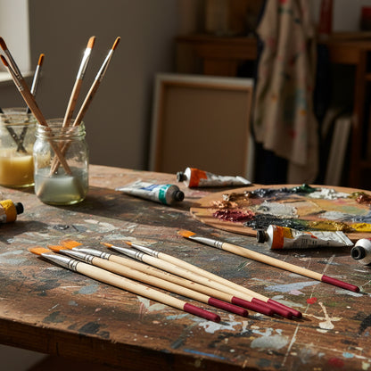 Set of paint brushes with wooden handles and red bristle ends on a white background