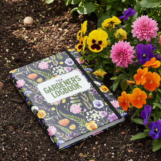 Floral notebook titled 'The Gardener's Logbook' on a dark background