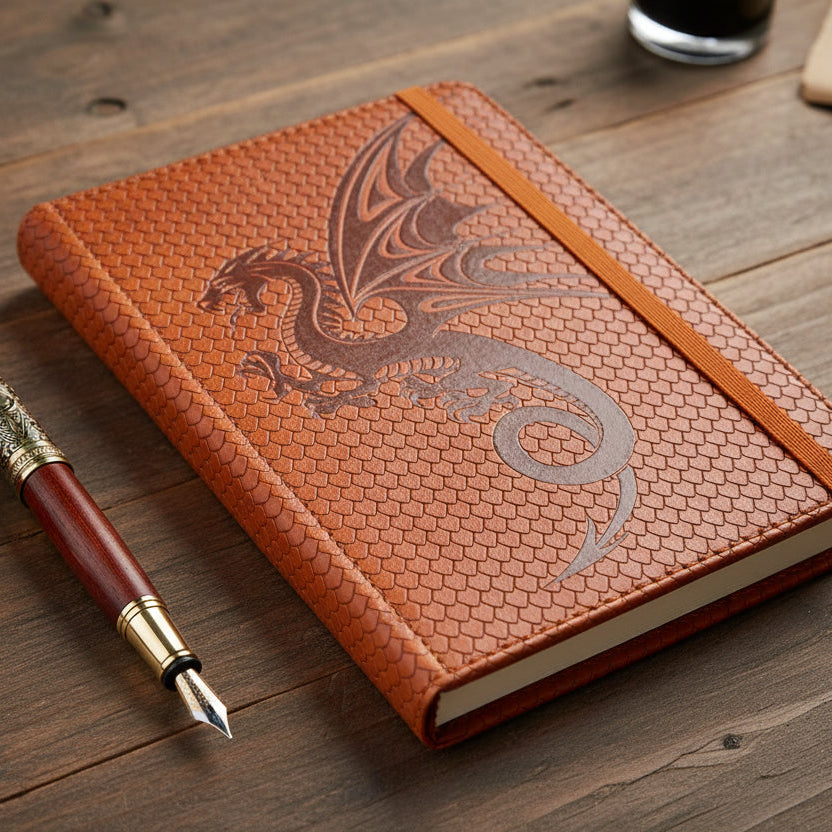 Brown leather notebook with a dragon embossed on the cover