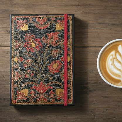 Decorative notebook cover with floral patterns and a red ribbon on a black background