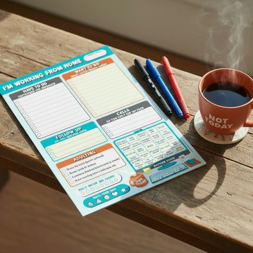 Colorful checklist notepad with various sections for work, personal tasks, and daily activities.