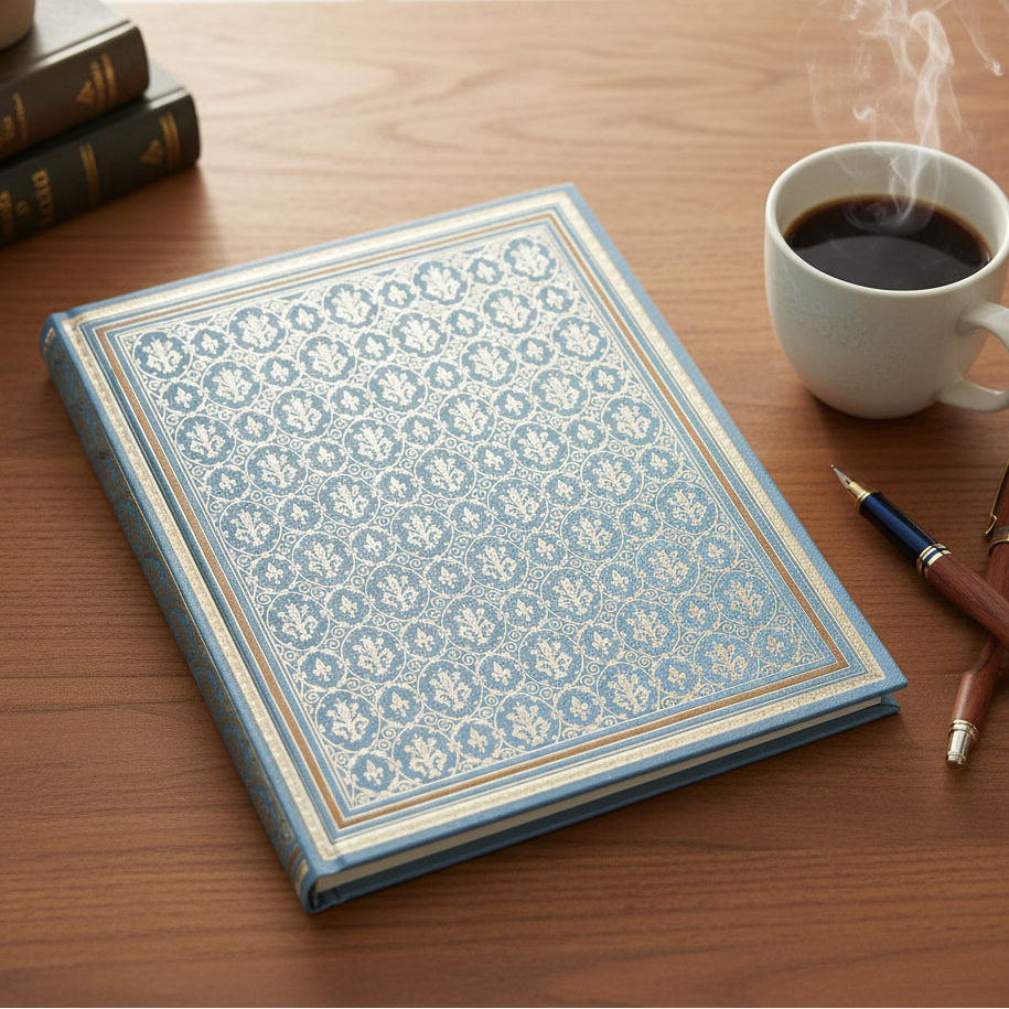 Decorative book cover with a blue and white geometric pattern