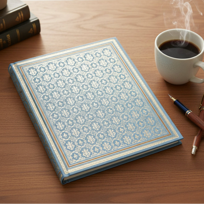 Decorative book cover with a blue and white geometric pattern