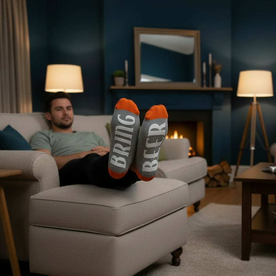 Gray socks with 'BRING BEER' text and orange tips worn by a person.