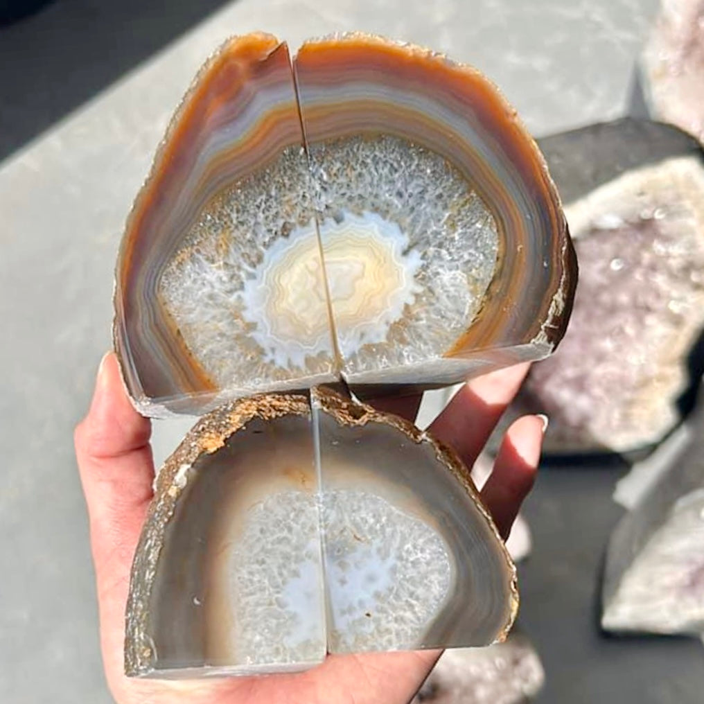 Natural agate quartz crystal geode stone bookend pair