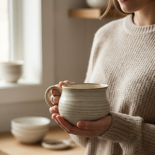 White ceramic mug with brown speckles held by a woman in her kitchen