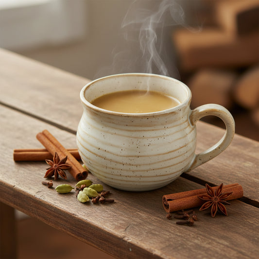 A handmade ceramic mug with a rounded body, ribbed texture, and a C-shaped handle, featuring a speckled cream glaze with light brown accents on a white background.