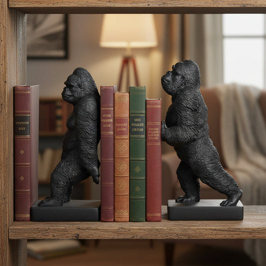 A pair of black gorilla bookends shaped like two standing gorillas facing each other, mounted on rectangular black bases against a plain light gray background.