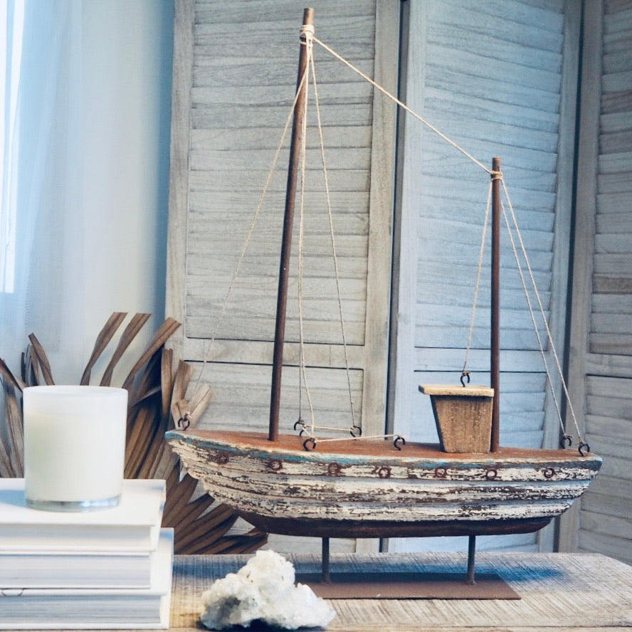 Antique tall coastal decor sail boat statue