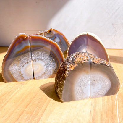 Natural agate quartz crystal geode stone bookend pair