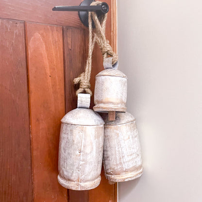 Vintage coastal white washed gold iron cow bell