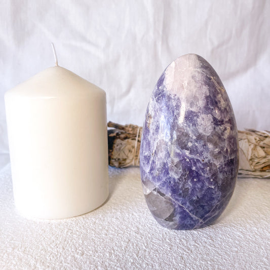 Lepidolite + Smoky quartz crystal freeform statue 11cm