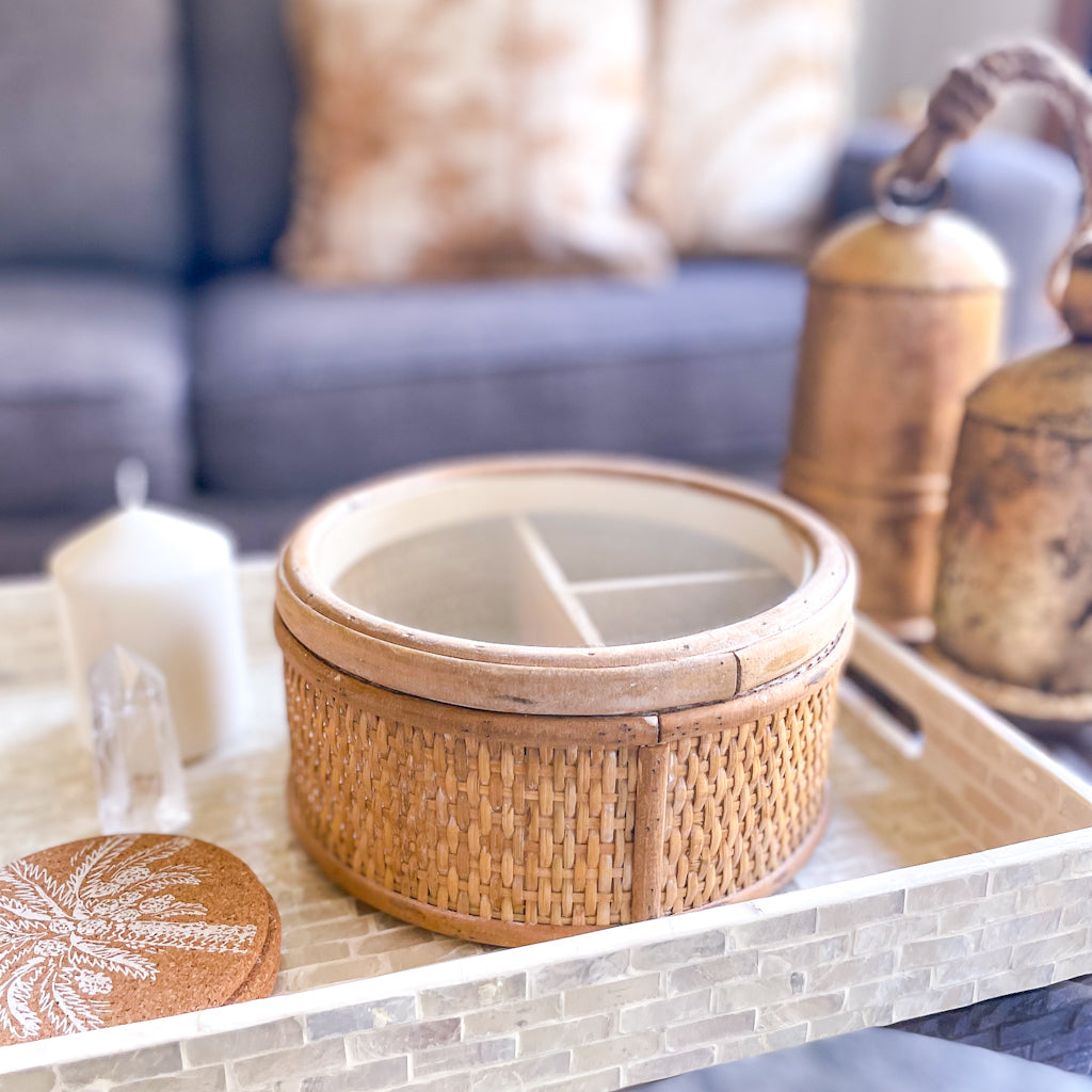 Boho rattan jewellery / tarot / crystal storage box - round
