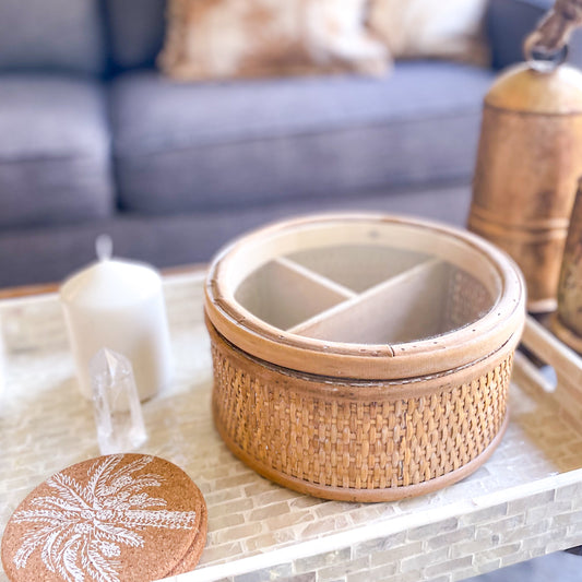 Boho rattan jewellery / tarot / crystal storage box - round