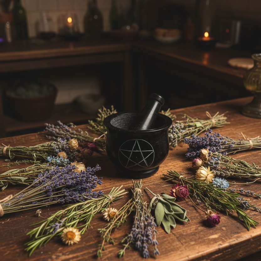 black mortar and pestle set with a white pentagram design on the front