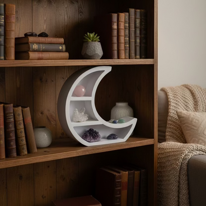 A crescent moon-shaped white shelf with three tiers.
