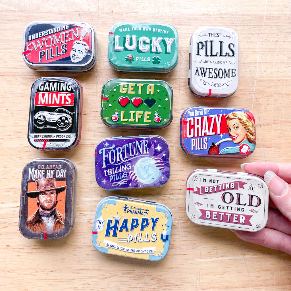 Gamer Mints Lucky Happy pills / gamer fun Mints in a novelty metal trinket tin ...