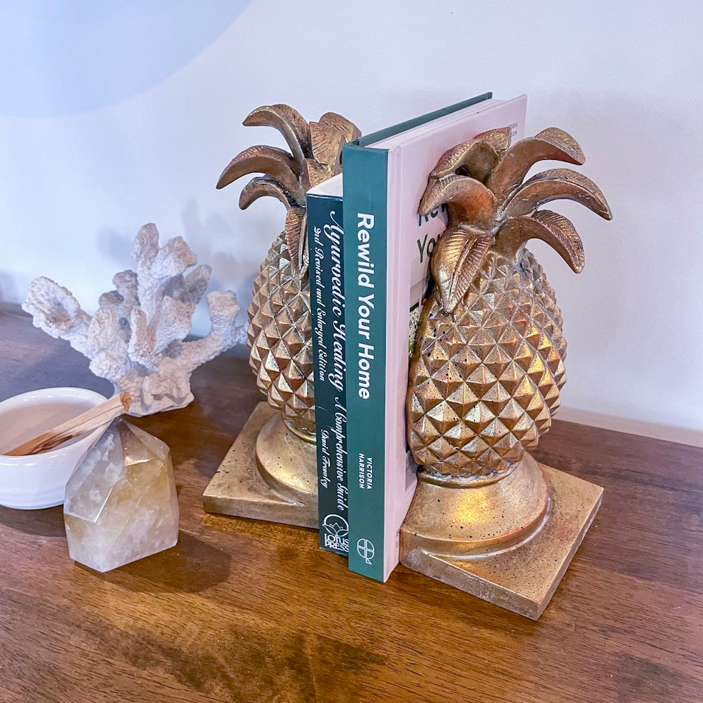 Gold pineapple bookend statue pair