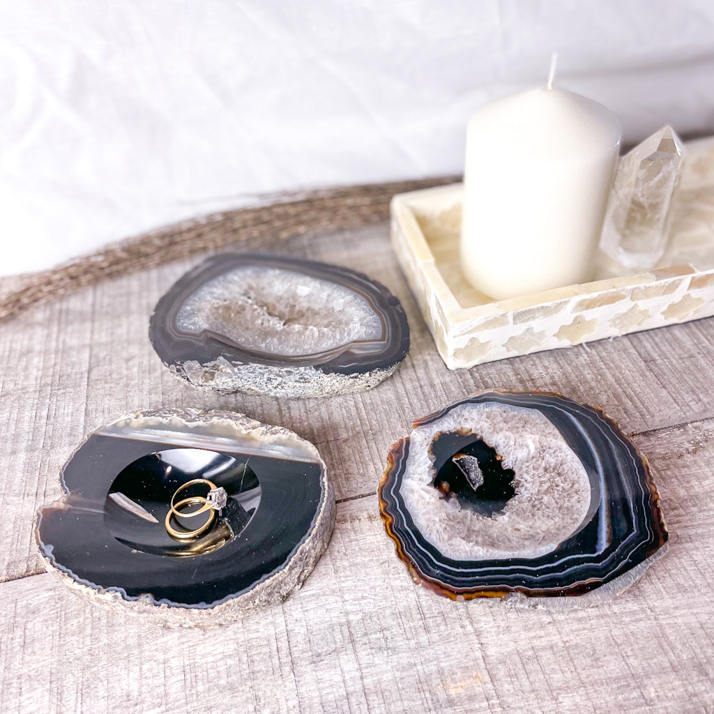 Agate slice slab crystal stone ring dish / trinket carved bowl