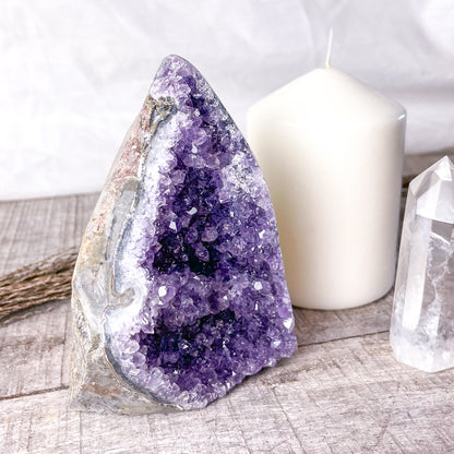 Amethyst crystal polished edge cluster 470g