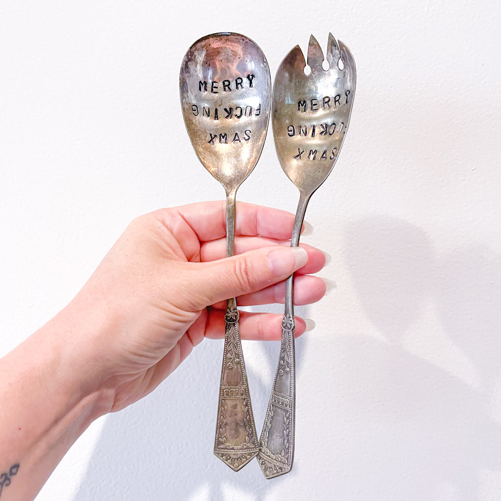 Merry Fucking Xmas hand stamped vintage silver cutlery