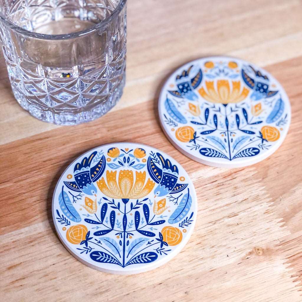 Blue bird floral ceramic coaster / tile
