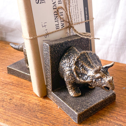 Triceratops dinosaur vintage statue painted metal bookends