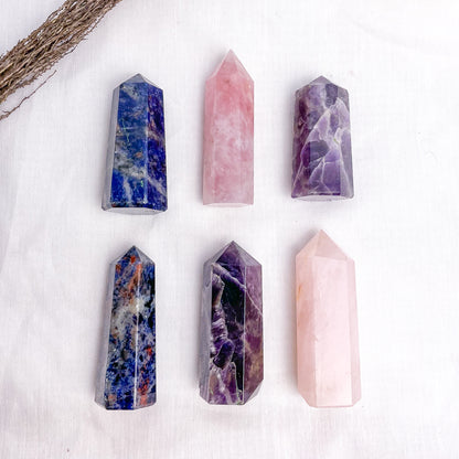 Trio of crystal towers - Rose quartz, Chevron Amethyst + Sodalite points bundle