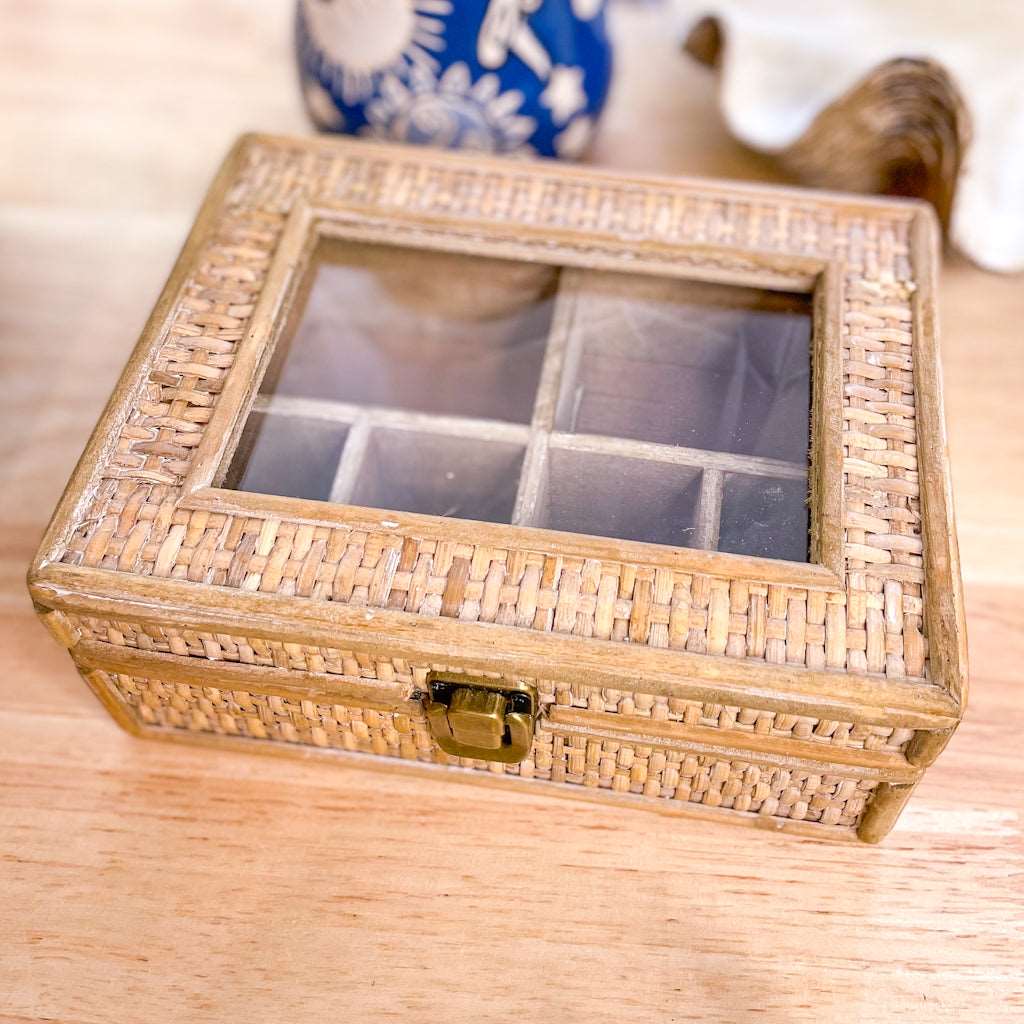 Boho rattan jewellery / weaved glass top storage box