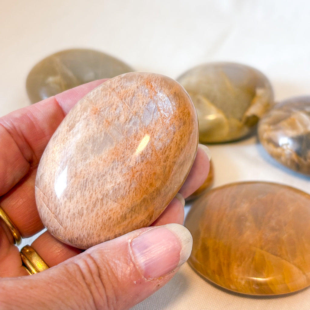 Peach Moonstone crystal palm stone
