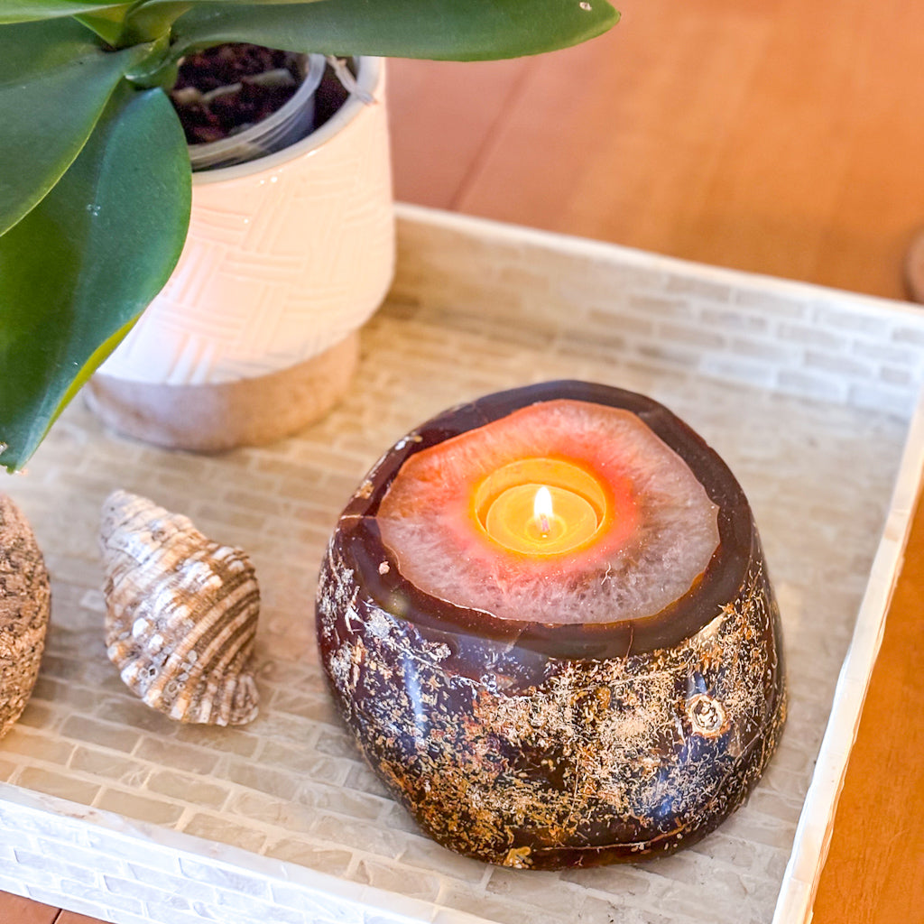 Natural agate crystal slab candle holder XL
