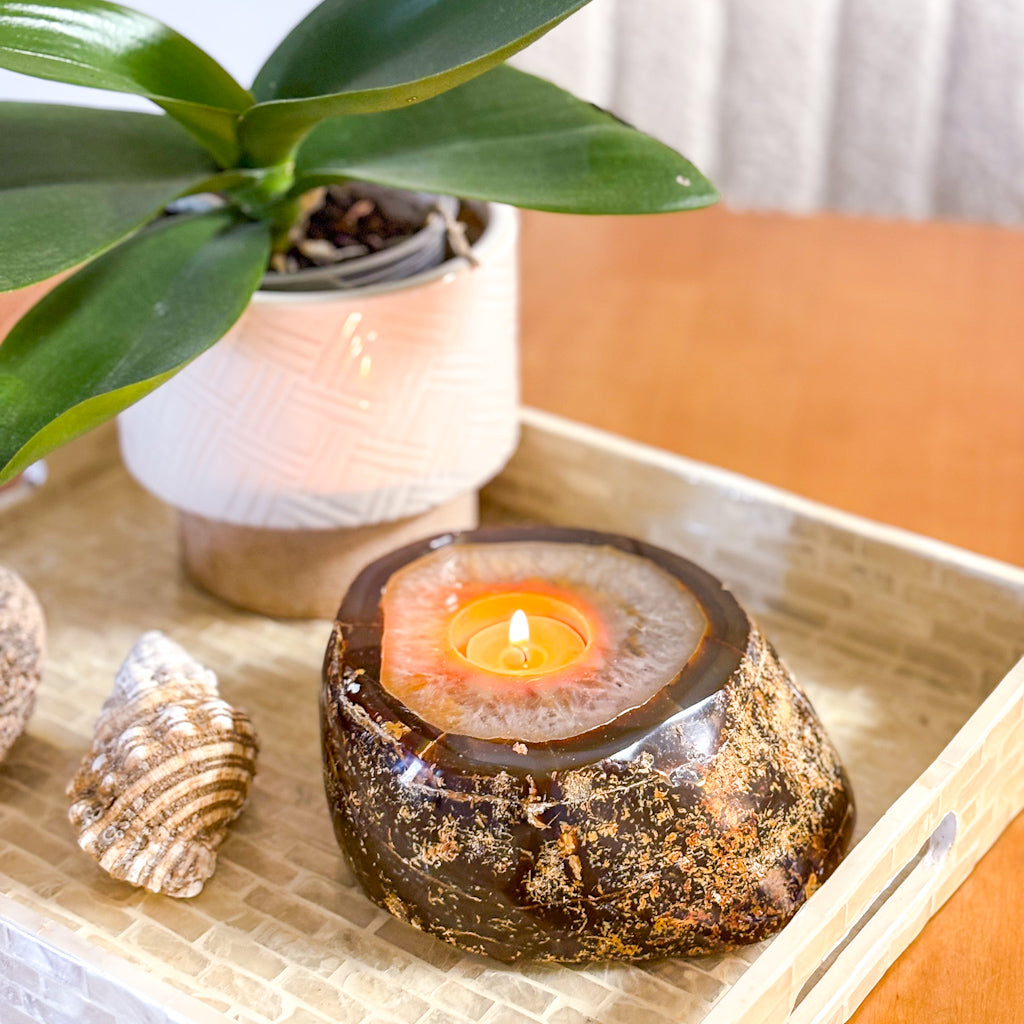 Natural agate crystal slab candle holder XL