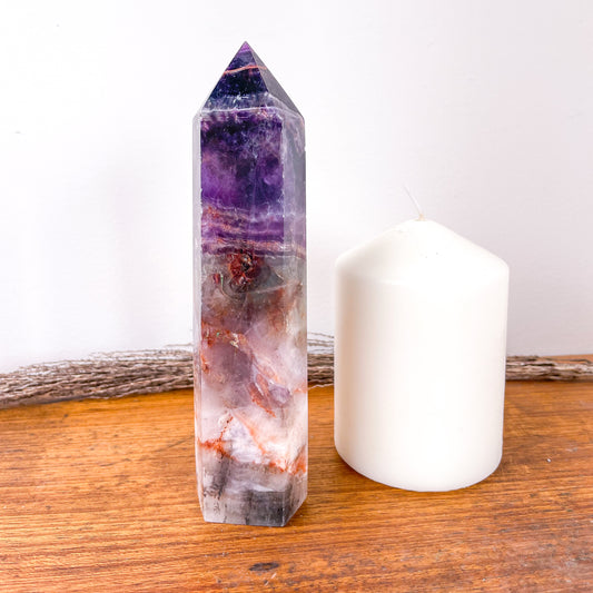 Fluorite purple rainbow crystal polished generator tower 16cm