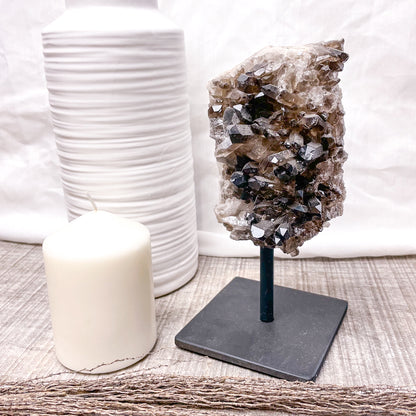 Smoky quartz crystal cluster metal stand L 20cm