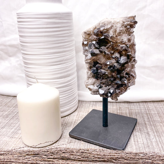 Smoky quartz crystal cluster metal stand L 20cm