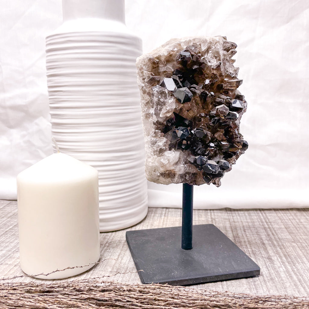Smoky quartz crystal cluster metal stand L 20cm