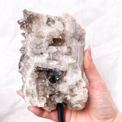 Smoky quartz crystal cluster metal stand L 20cm