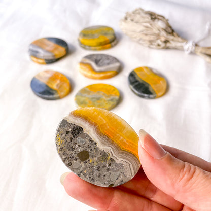 Bumblebee jasper crystal palm stone, coin or tumble