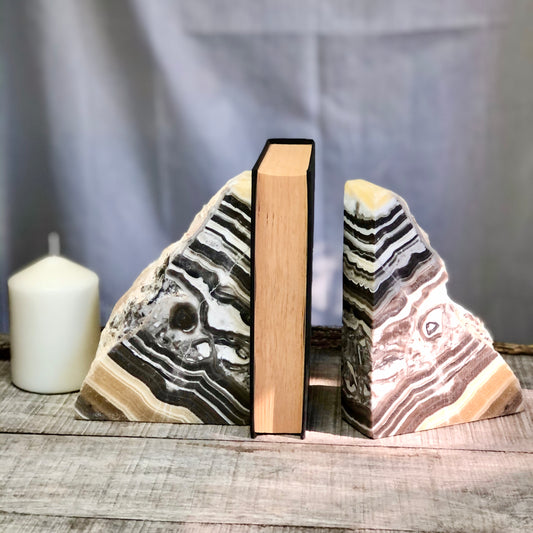 Zebra orange calcite + Aragonite crystal bookend pair