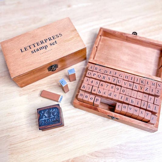 Alphabet letter stamp set in wooden box