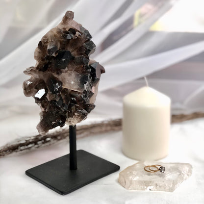 Smoky quartz crystal cluster on metal stand L 23cm