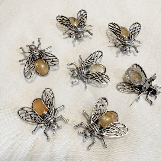 Golden healer quartz crystal bee brooch