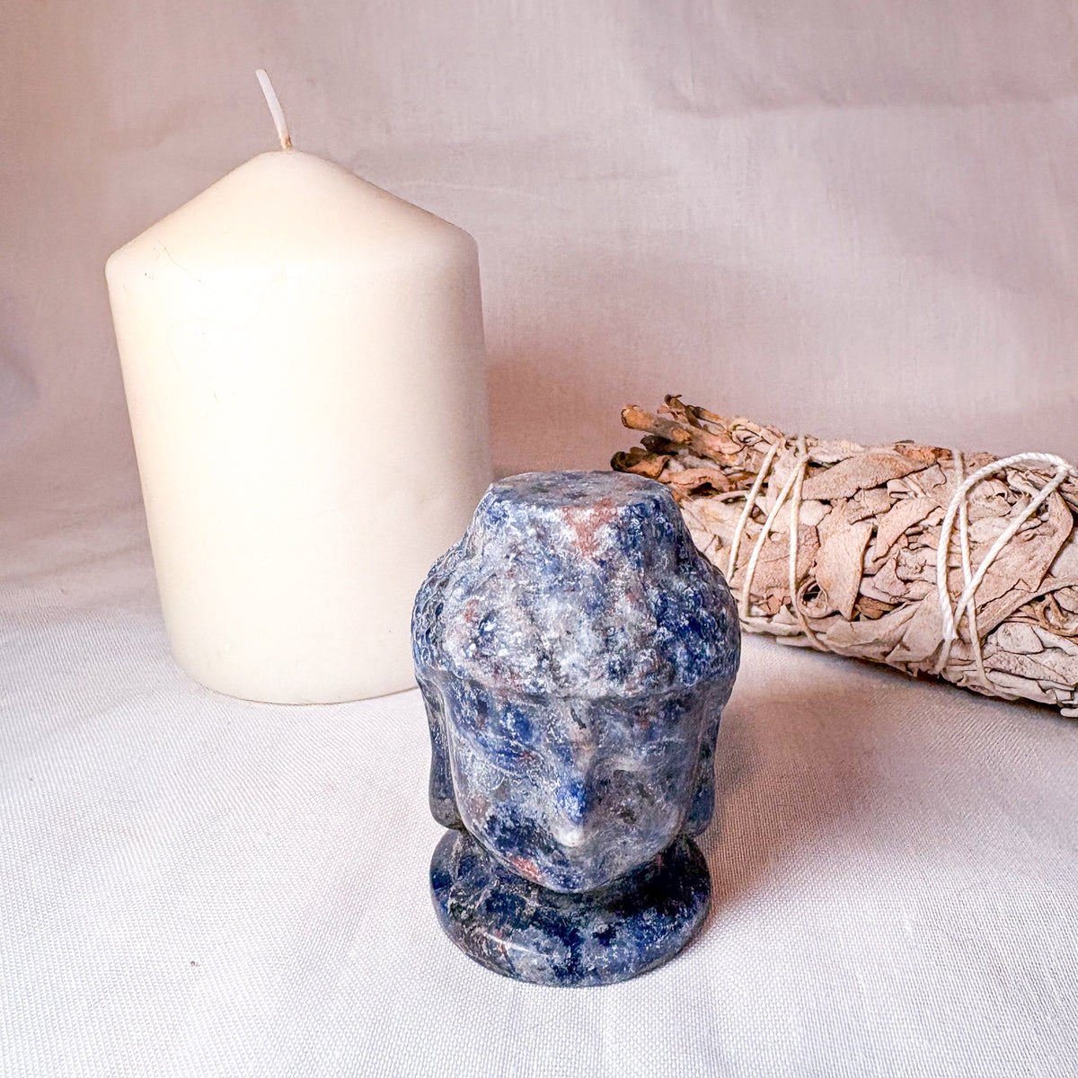 Sodalite crystal carved buddha head statue