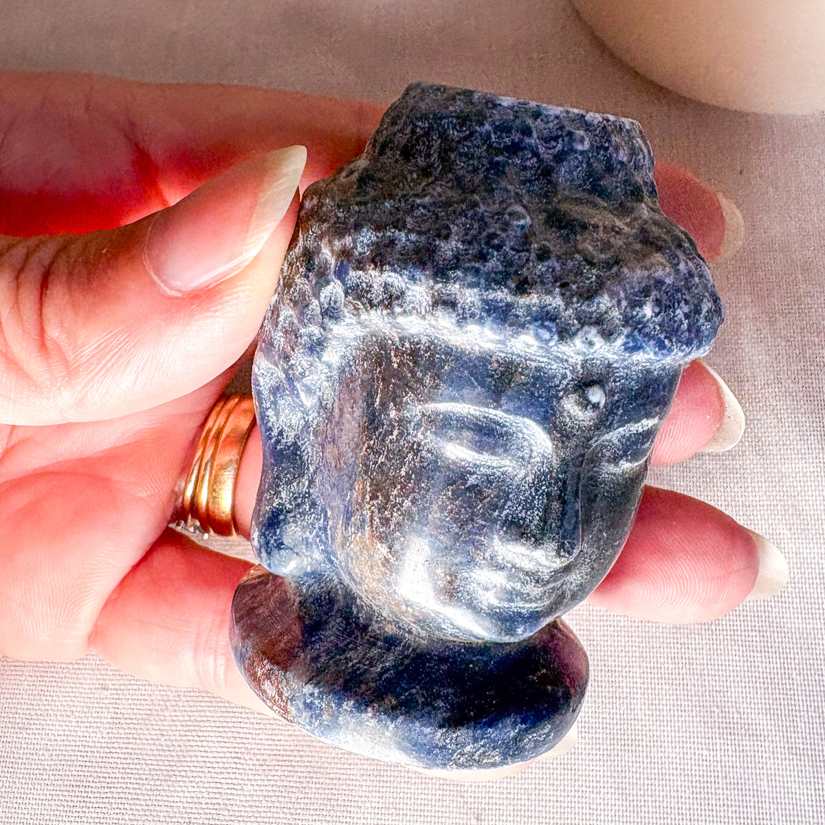 Sodalite crystal carved buddha head statue