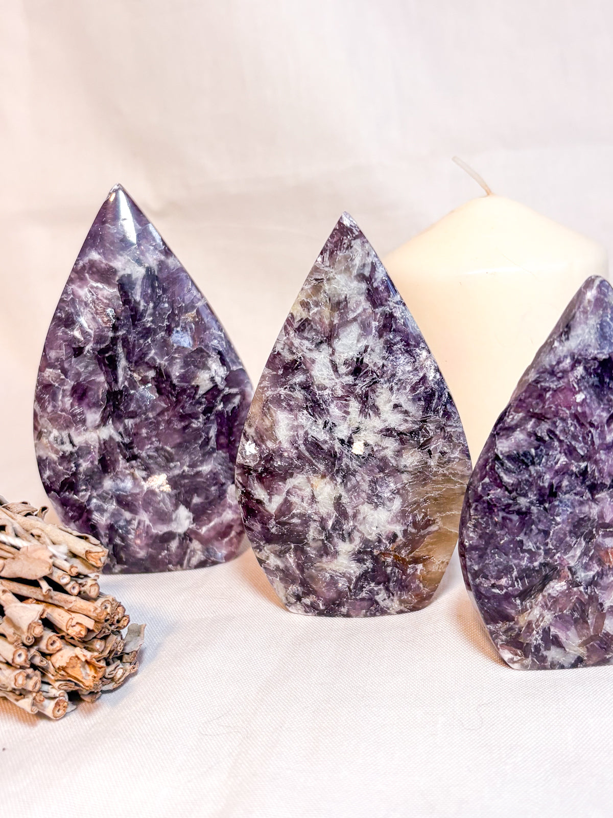 Lepidolite, Mica + Smoky quartz crystal flame statue