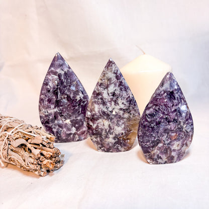 Lepidolite, Mica + Smoky quartz crystal flame statue