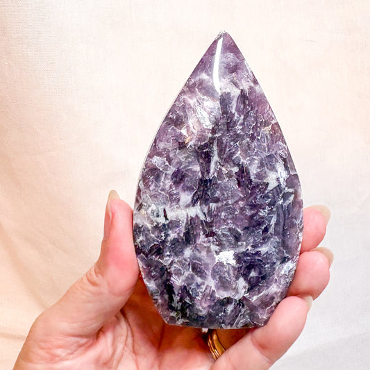 Lepidolite, Mica + Smoky quartz crystal flame statue
