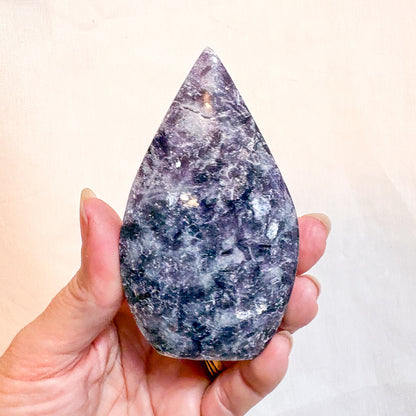 Lepidolite, Mica + Smoky quartz crystal flame statue