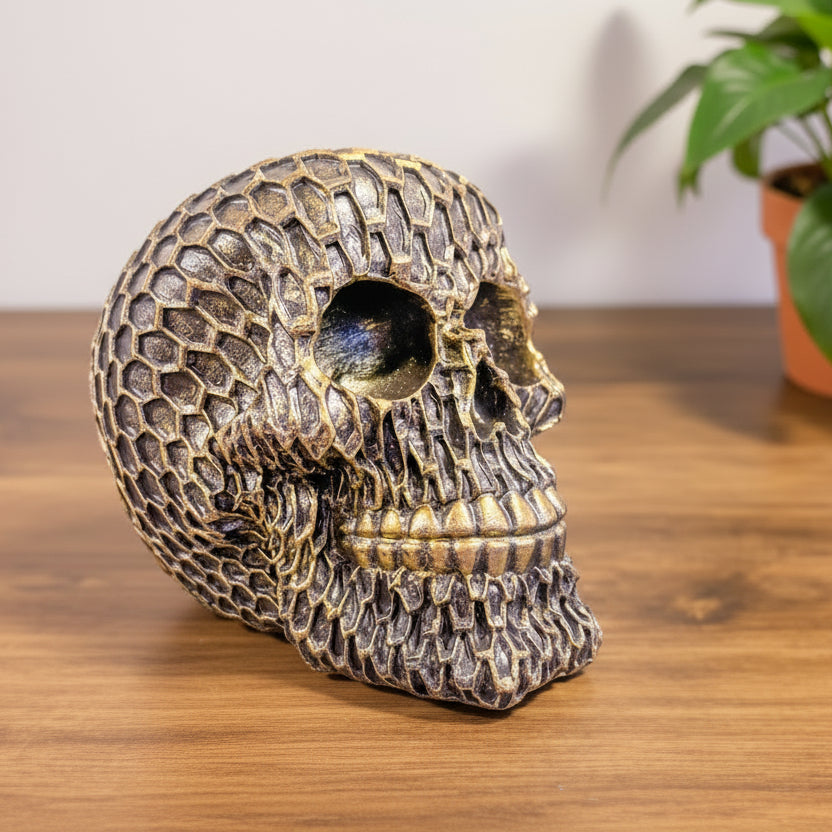 Bronze skull sculpture with chain like texture